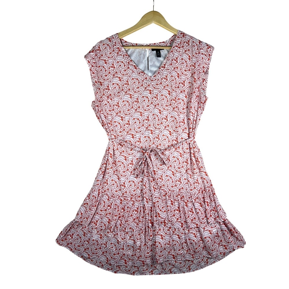 Aqua Womens Red White Paisley Floral Tiered Mini Dress V-Neck Sleeveless Size M